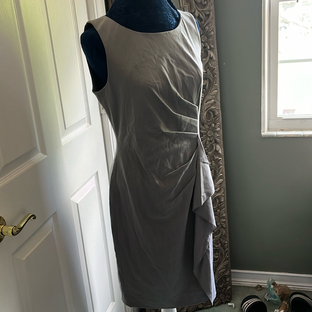 EUC Grey Calvin Klein (white label) sheath dress with frill